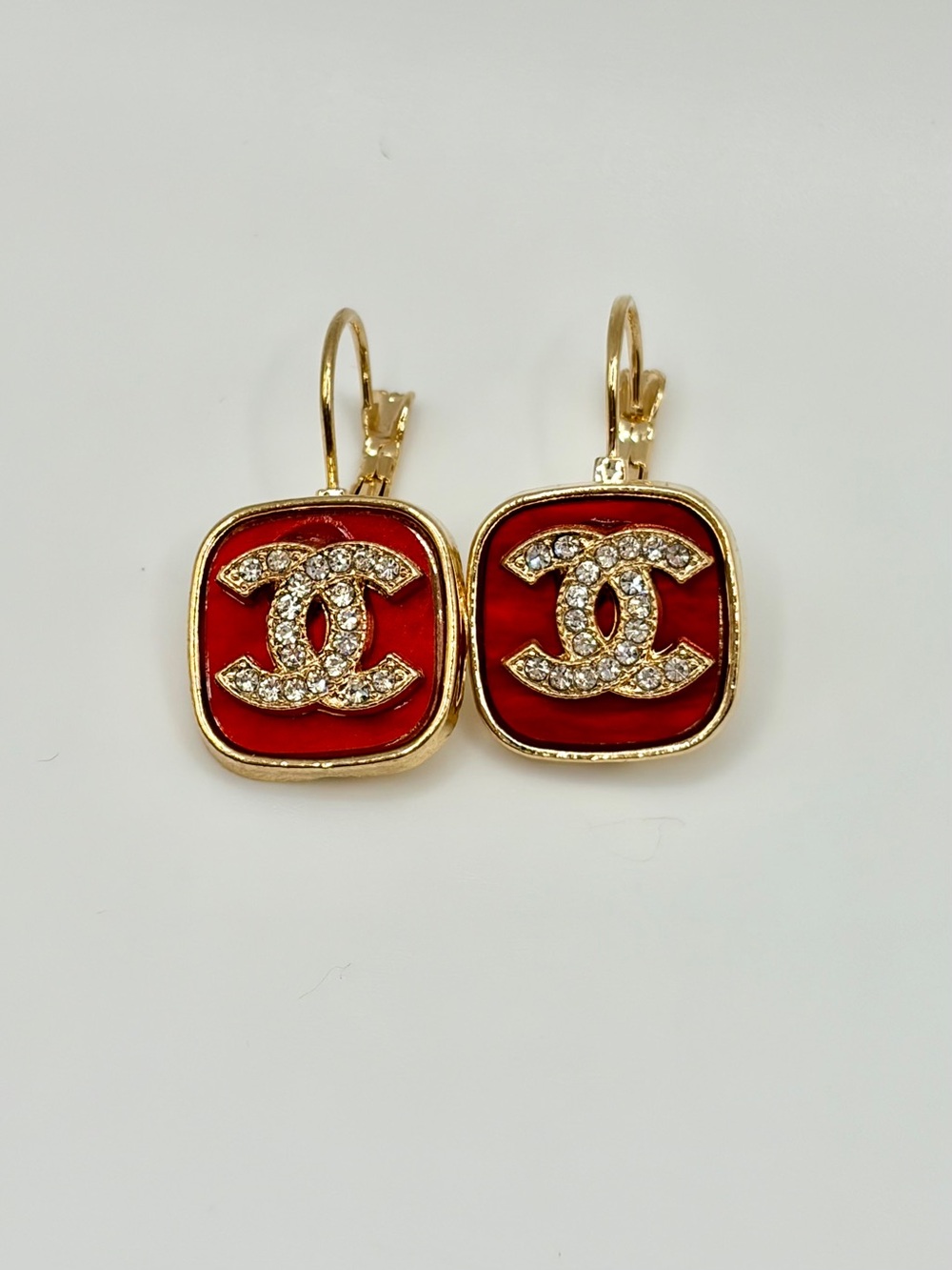 Gold-Tone Red Monogram Drop Earrings with Crystals